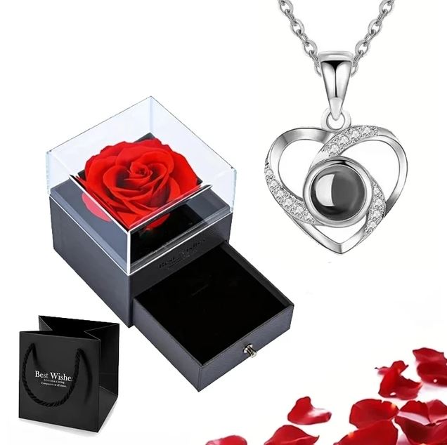 100 Languages Love Necklace with Rose Box