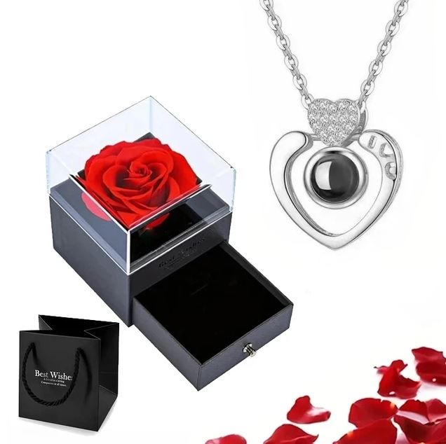 100 Languages Love Necklace with Rose Box