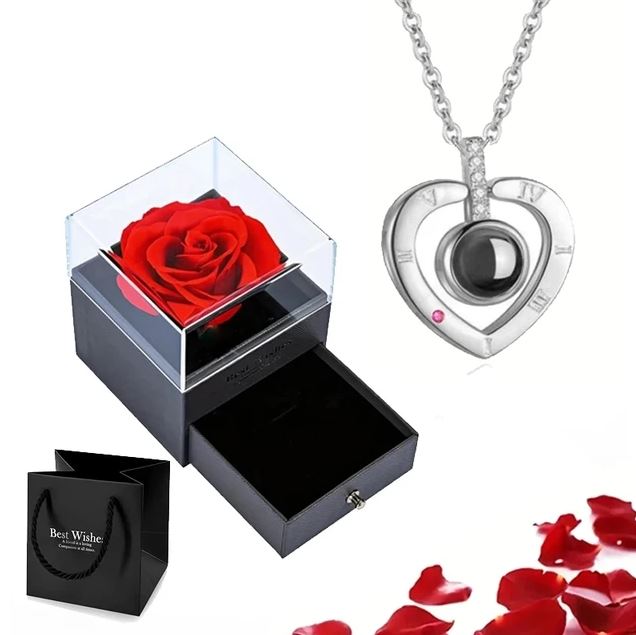 100 Languages Love Necklace with Rose Box