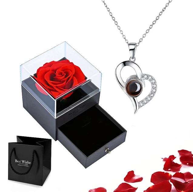 100 Languages Love Necklace with Rose Box