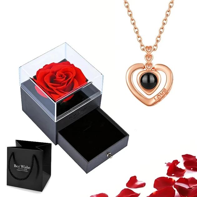 100 Languages Love Necklace with Rose Box