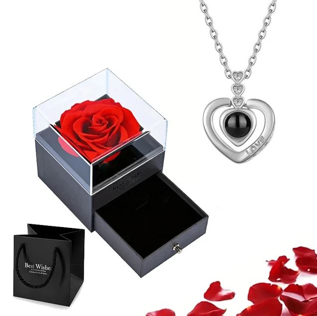 100 Languages Love Necklace with Rose Box