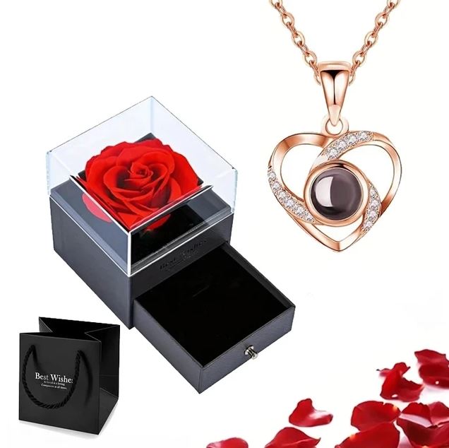 100 Languages Love Necklace with Rose Box